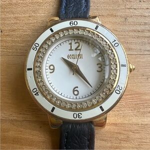 Ecclissi ladies gold tone blue leather dress watch NEW BATTERY